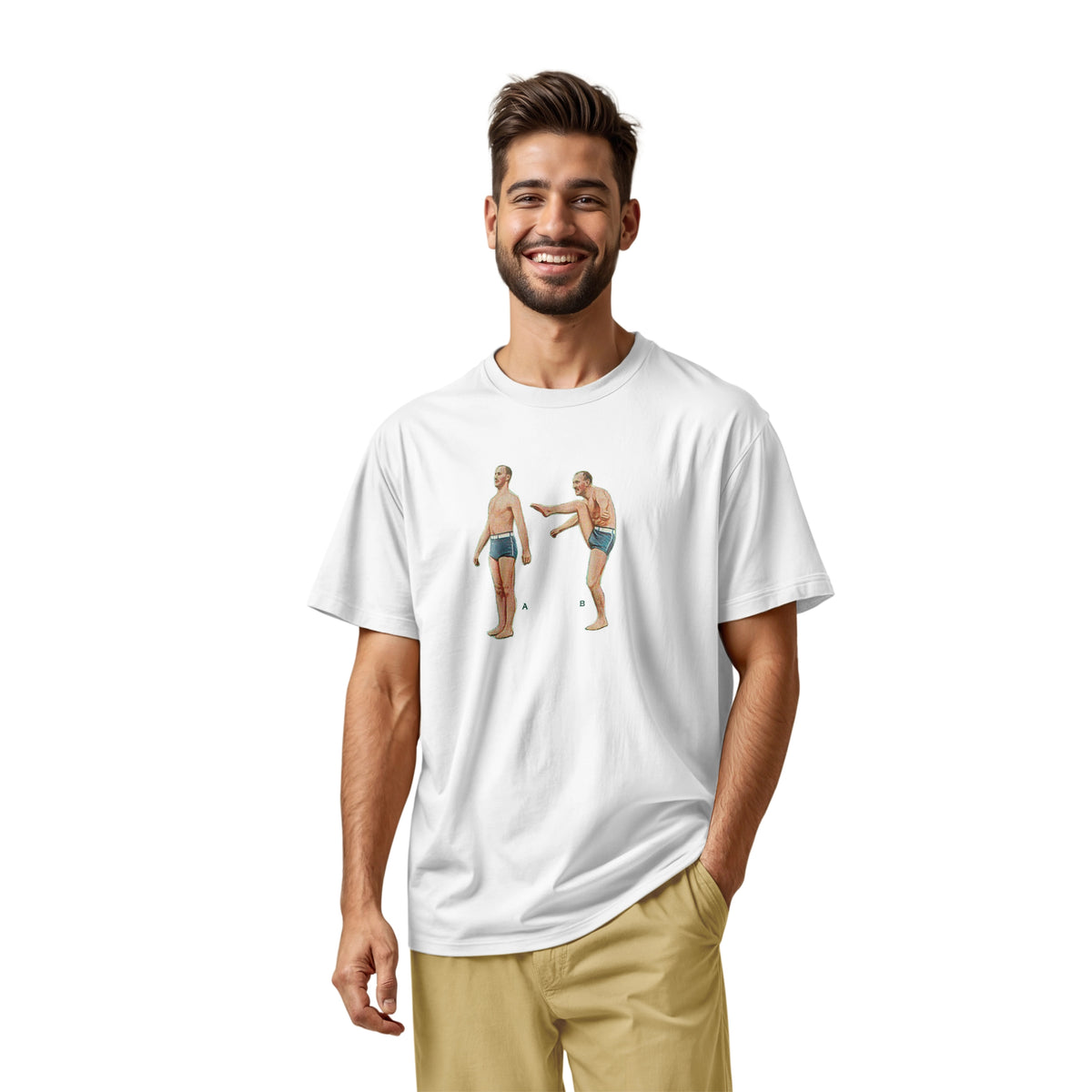 A white t-shirt featuring a 1960s vintage graphic of an exercising man in blue swim trunks, labeled A and B.