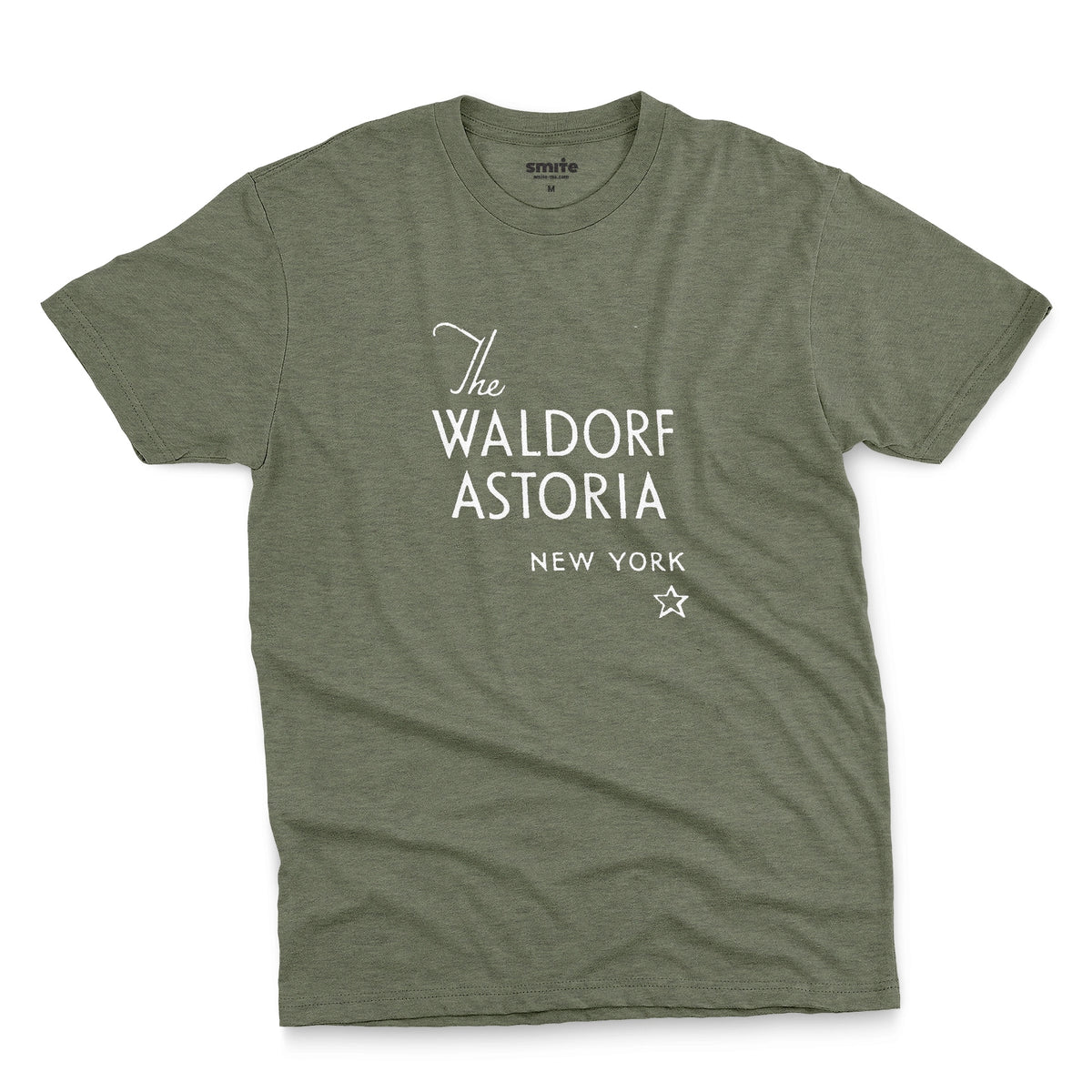 A green t-shirt with a retro logo for The Waldorf Astoria hotel in New York.