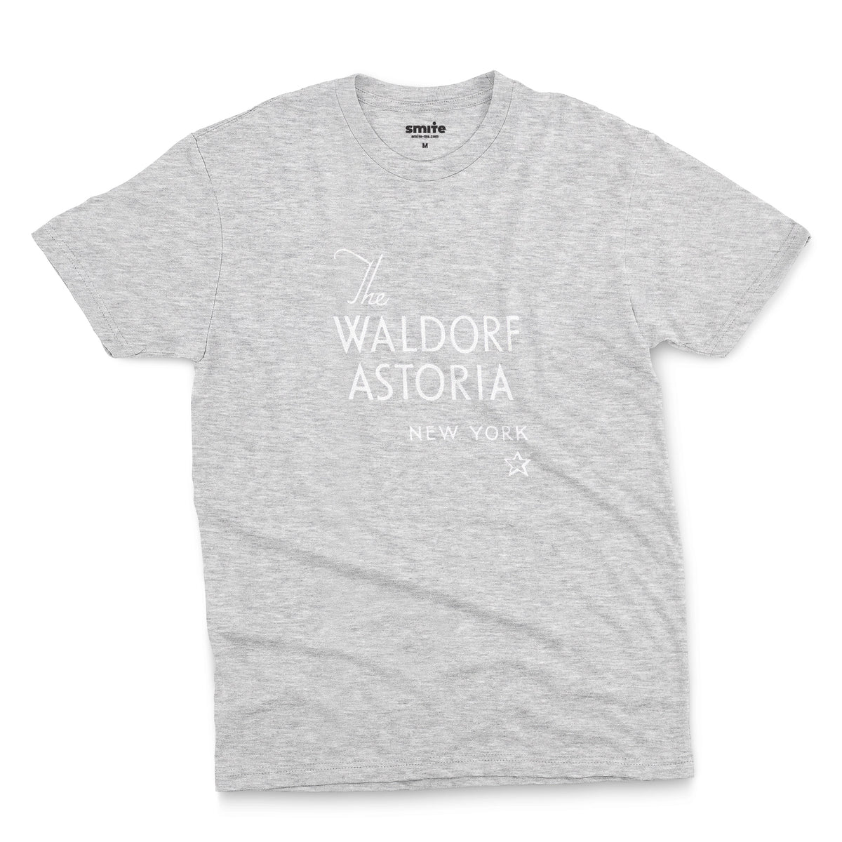 A gray marle t-shirt with a retro logo for The Waldorf Astoria hotel in New York.