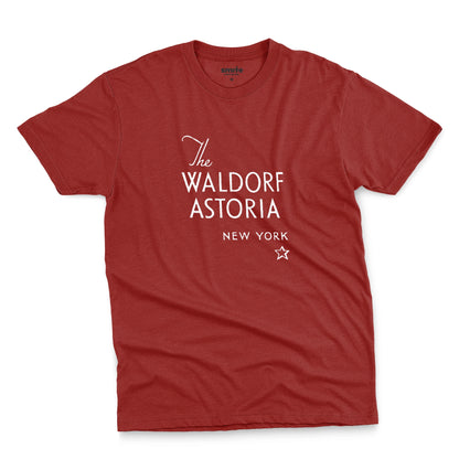 A red t-shirt with a retro logo for The Waldorf Astoria hotel in New York.