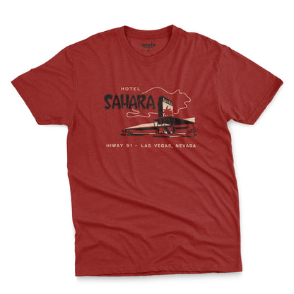 A red t-shirt with a vintage graphic advertising the 'Hotel Sahara' in Las Vegas, Nevada.