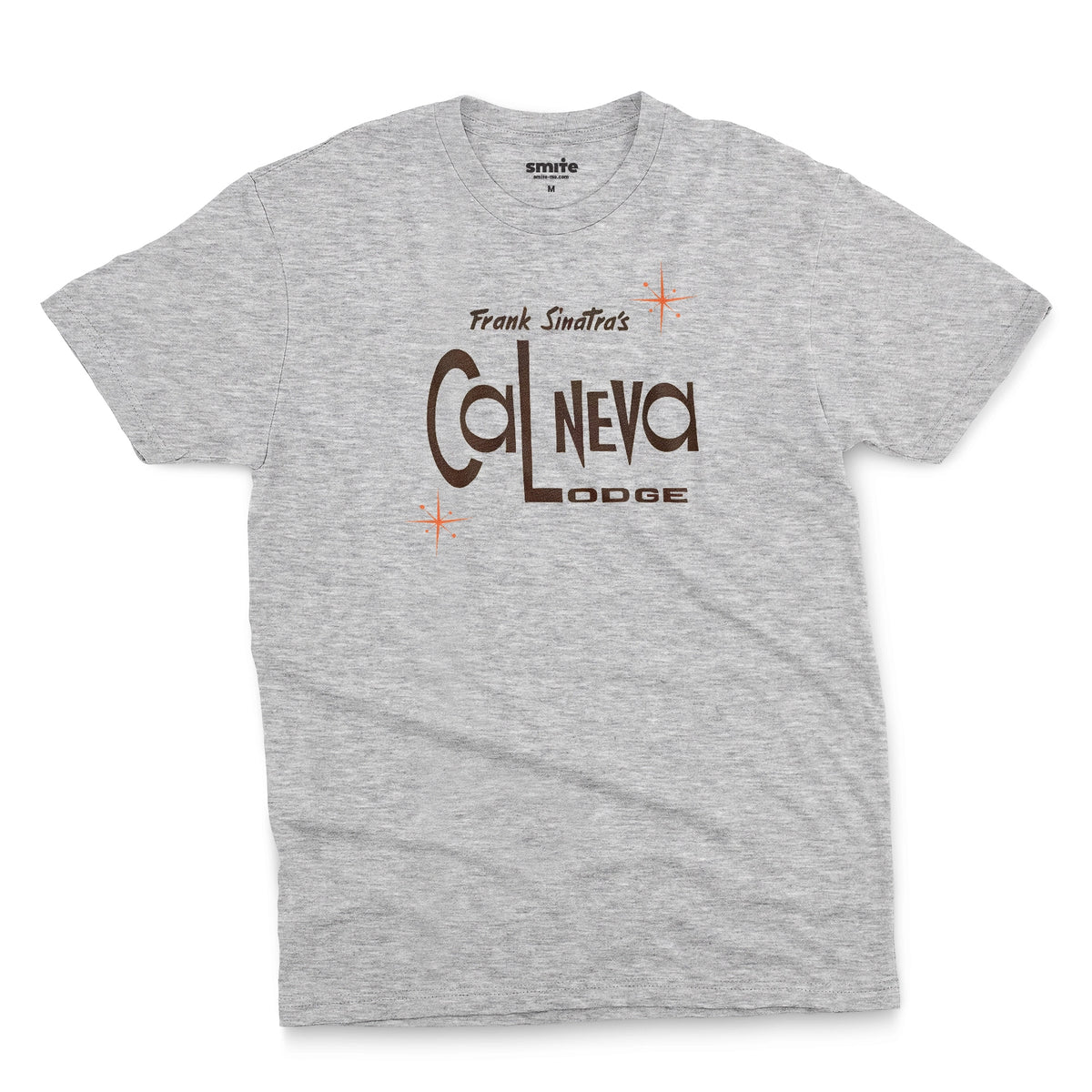 A gray marle t-shirt featuring a retro graphic print of 'Frank Sinatra's Cal Neva Lodge', the legendary hotel and casino.