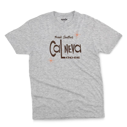 A gray marle t-shirt featuring a retro graphic print of 'Frank Sinatra's Cal Neva Lodge', the legendary hotel and casino.