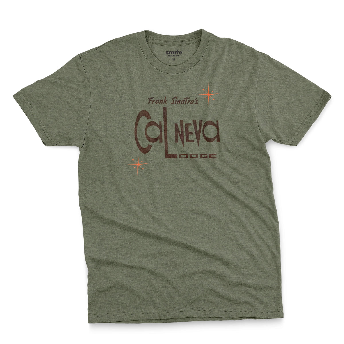A green t-shirt featuring a retro graphic print of 'Frank Sinatra's Cal Neva Lodge', the legendary hotel and casino.