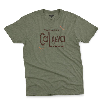 A green t-shirt featuring a retro graphic print of 'Frank Sinatra's Cal Neva Lodge', the legendary hotel and casino.