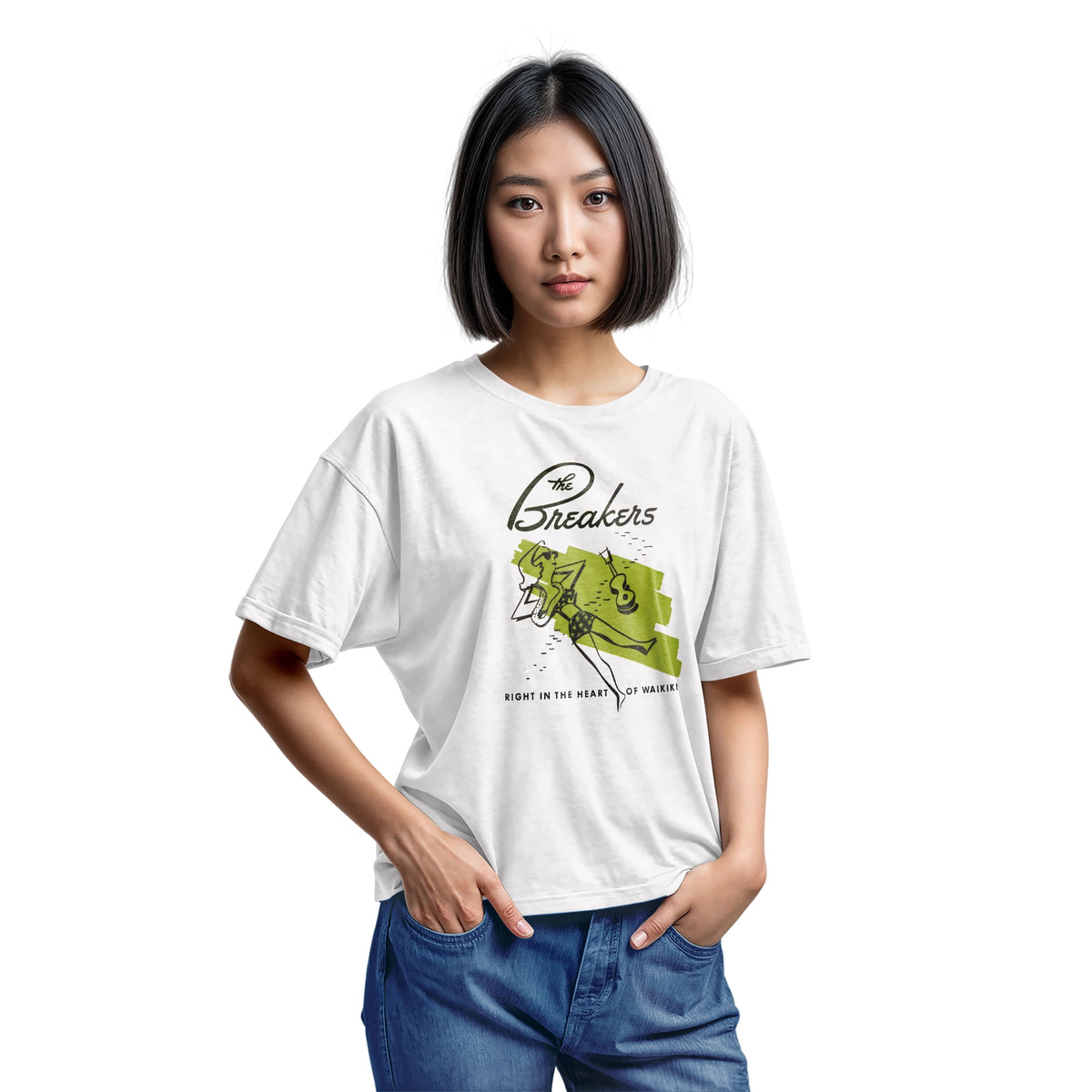A white t-shirt featuring a retro illustration of a woman sunbathing, advertising The Breakers, a Hawaiian hotel.