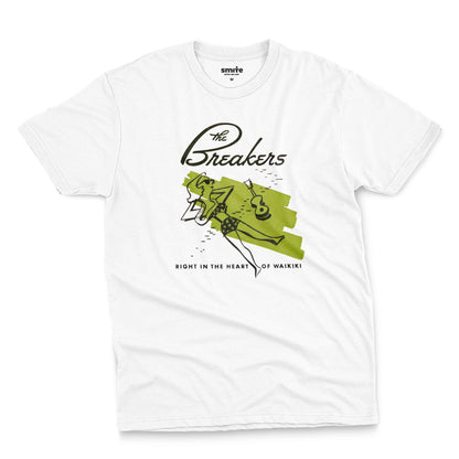 A white t-shirt featuring a retro illustration of a woman sunbathing, advertising The Breakers, a Hawaiian hotel.