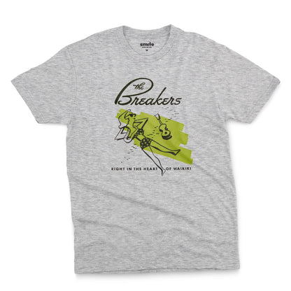 A gray marle t-shirt featuring a retro illustration of a woman sunbathing, advertising The Breakers, a Hawaiian hotel.