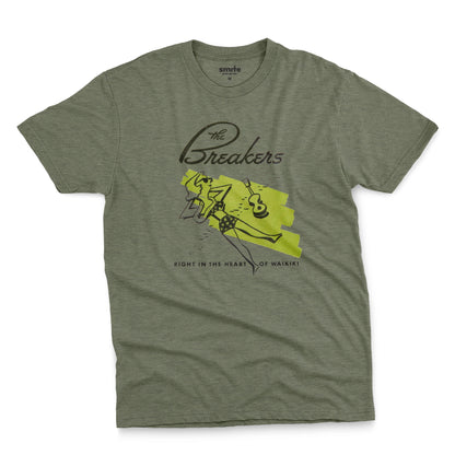 A green t-shirt featuring a retro illustration of a woman sunbathing, advertising The Breakers, a Hawaiian hotel.