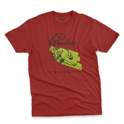A red t-shirt featuring a retro illustration of a woman sunbathing, advertising The Breakers, a Hawaiian hotel.