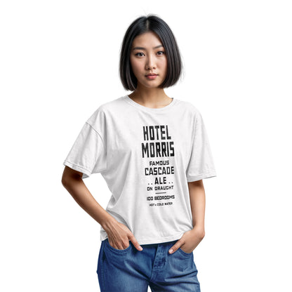 A white t-shirt with a retro typographic advertisement for 'HOTEL MORRIS' from Sydney, Australia.