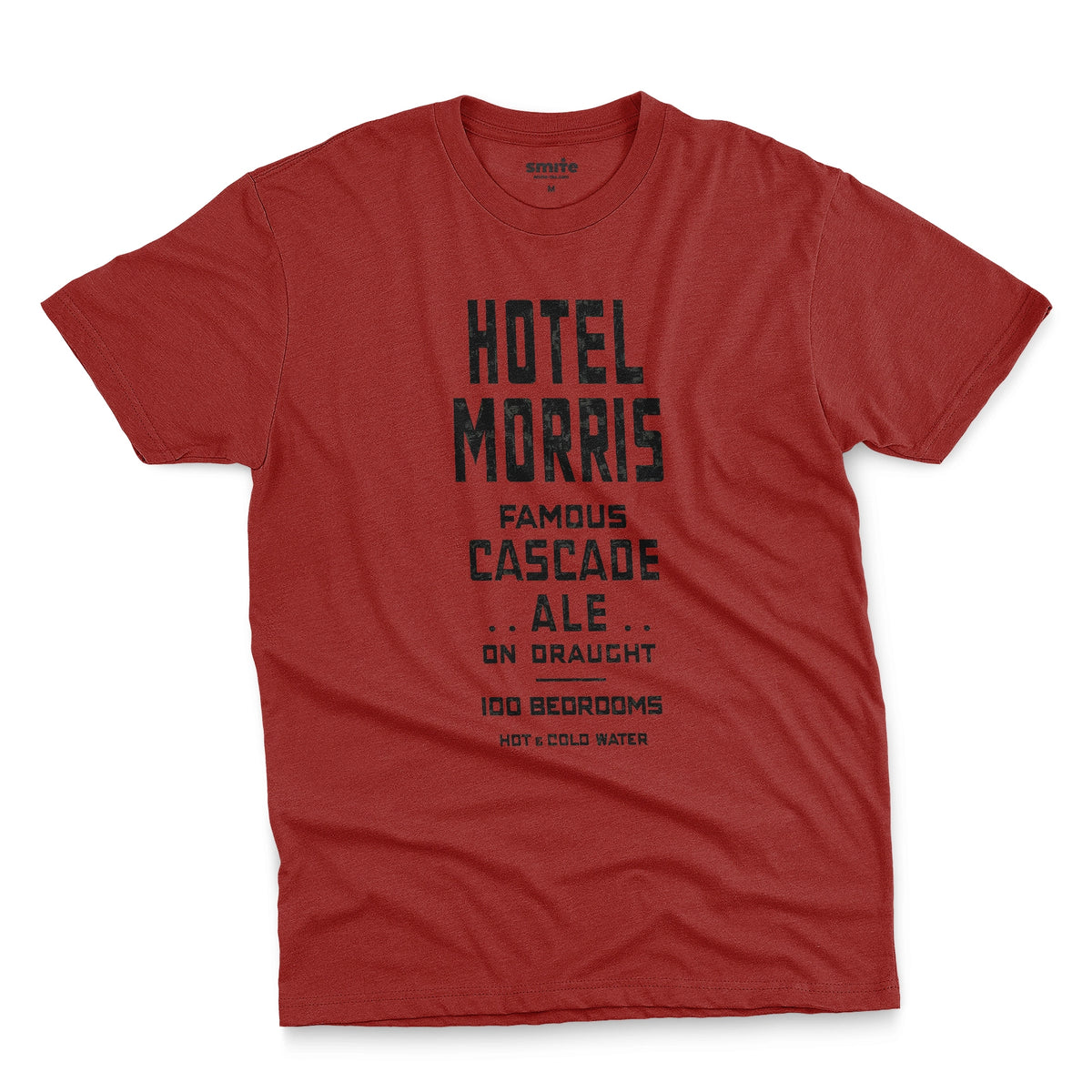A red t-shirt with a retro typographic advertisement for 'HOTEL MORRIS' from Sydney, Australia.