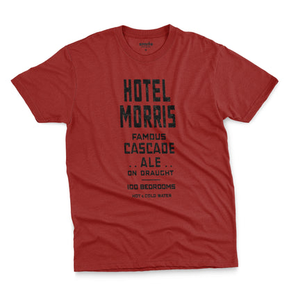 A red t-shirt with a retro typographic advertisement for 'HOTEL MORRIS' from Sydney, Australia.