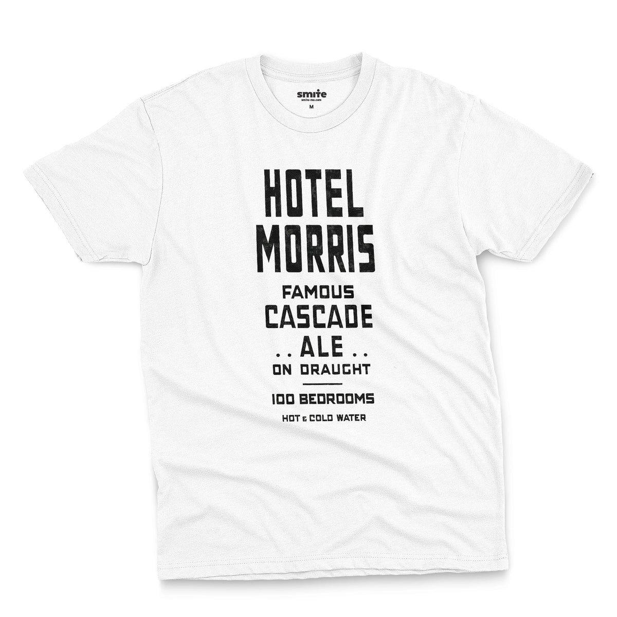 A white t-shirt with a retro typographic advertisement for 'HOTEL MORRIS' from Sydney, Australia.