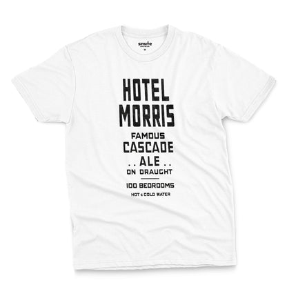 A white t-shirt with a retro typographic advertisement for 'HOTEL MORRIS' from Sydney, Australia.