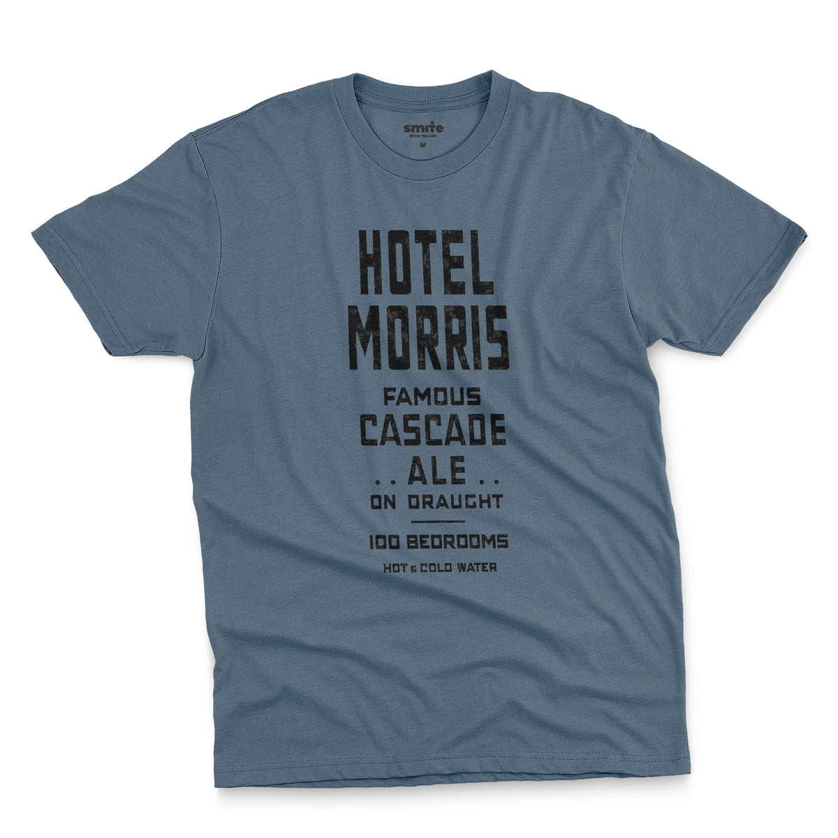 A blue t-shirt with a retro typographic advertisement for 'HOTEL MORRIS' from Sydney, Australia.