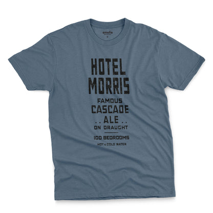 A blue t-shirt with a retro typographic advertisement for 'HOTEL MORRIS' from Sydney, Australia.