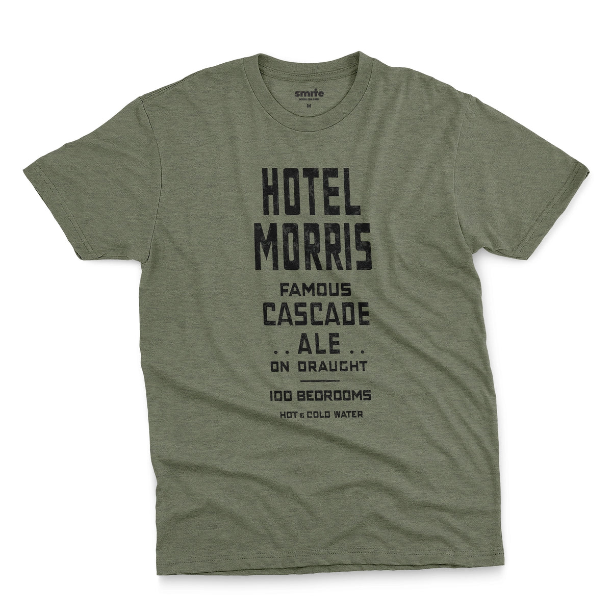 A green t-shirt with a retro typographic advertisement for 'HOTEL MORRIS' from Sydney, Australia.