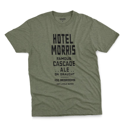 A green t-shirt with a retro typographic advertisement for 'HOTEL MORRIS' from Sydney, Australia.