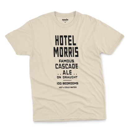 A beige t-shirt with a retro typographic advertisement for 'HOTEL MORRIS' from Sydney, Australia.