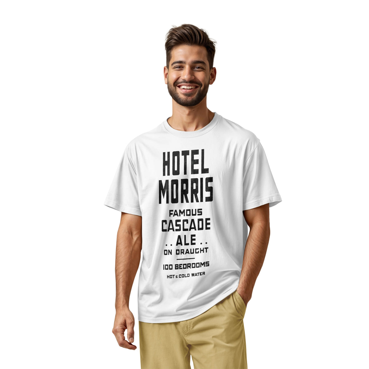 A white t-shirt with a retro typographic advertisement for 'HOTEL MORRIS' from Sydney, Australia.