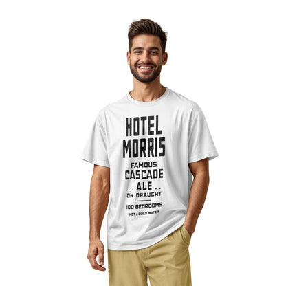 A white t-shirt with a retro typographic advertisement for 'HOTEL MORRIS' from Sydney, Australia.