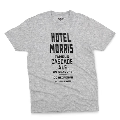 A gray marle t-shirt with a retro typographic advertisement for 'HOTEL MORRIS' from Sydney, Australia.