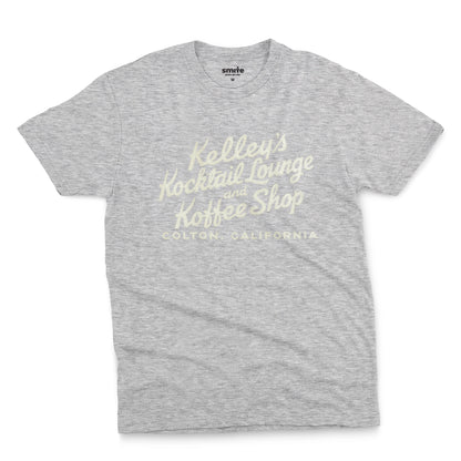 A gray marle t-shirt with a retro typographic advertisement for Kelley's Kocktail Lounge and Koffee Shop in Colton, California.