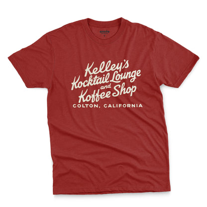 A red t-shirt with a retro typographic advertisement for Kelley's Kocktail Lounge and Koffee Shop in Colton, California.
