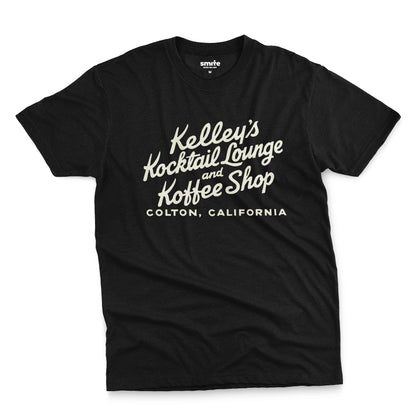 A  black t-shirt with a retro typographic advertisement for Kelley's Kocktail Lounge and Koffee Shop in Colton, California.