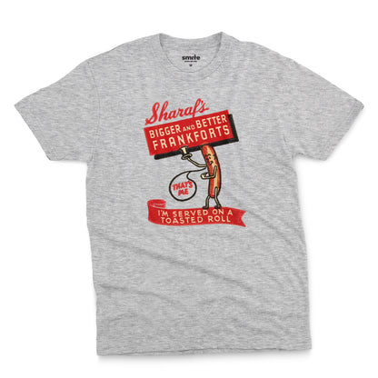 A gray marle t-shirt with a vintage graphic print of a hot dog character holding a sign that reads 'Sharaf's Bigger and Better Frankforts'.