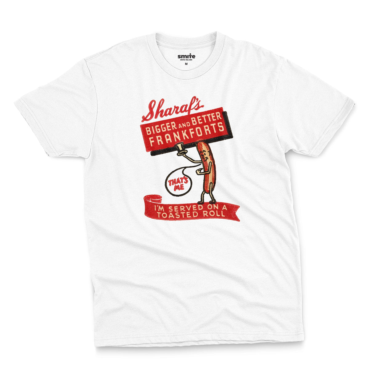 A white t-shirt with a vintage graphic print of a hot dog character holding a sign that reads 'Sharaf's Bigger and Better Frankforts'.