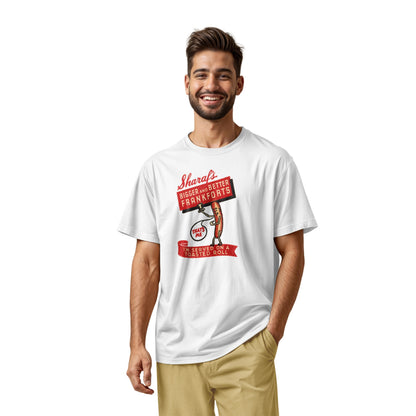 A white t-shirt with a vintage graphic print of a hot dog character holding a sign that reads 'Sharaf's Bigger and Better Frankforts'.