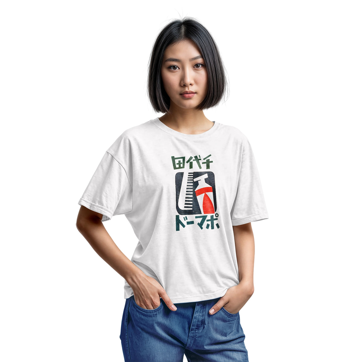 A white t-shirt with a retro Japanese graphic of a comb and toothpaste and Japanese text.