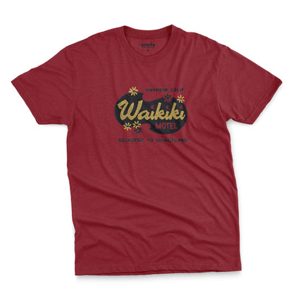 A red t-shirt with a retro advertisement for the 'Waikiki Motel' in Anaheim, California.