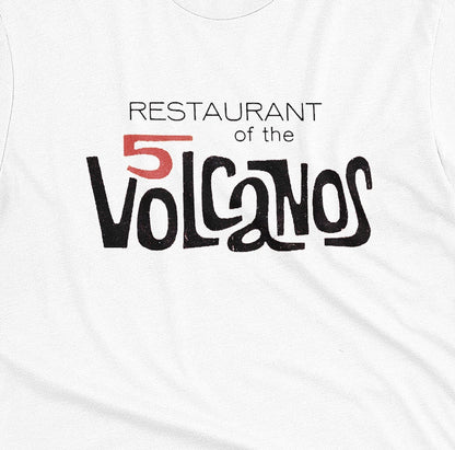A white t-shirt with a vintage logo for the 'Restaurant of the 5 Volcanos', the Hawaiian Pavlion's restaurant at the New York World's Fair, 1964.