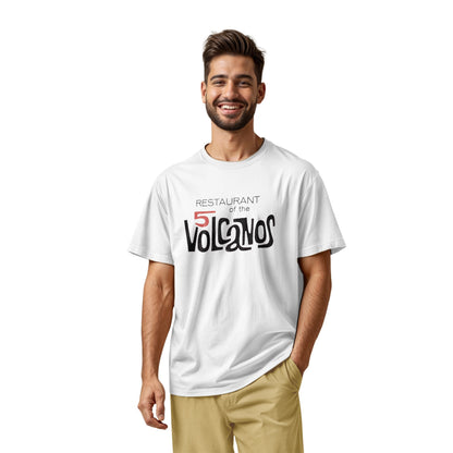A white t-shirt with a vintage logo for the 'Restaurant of the 5 Volcanos', the Hawaiian Pavlion's restaurant at the New York World's Fair, 1964.