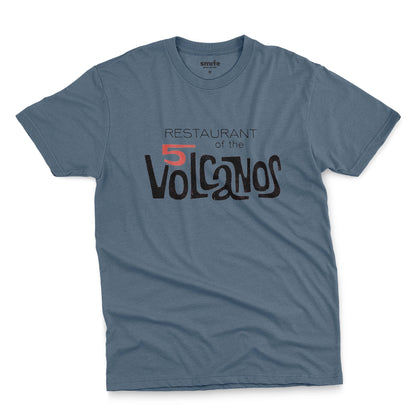 A blue t-shirt with a vintage logo for the 'Restaurant of the 5 Volcanos', the Hawaiian Pavlion's restaurant at the New York World's Fair, 1964.