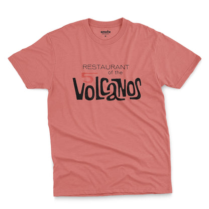 A coral pink t-shirt with a vintage logo for the 'Restaurant of the 5 Volcanos', the Hawaiian Pavlion's restaurant at the New York World's Fair, 1964.