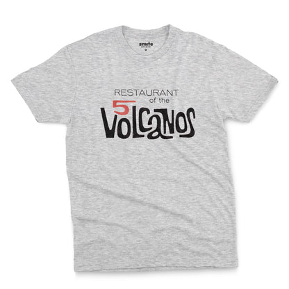 A gray marle t-shirt with a vintage logo for the 'Restaurant of the 5 Volcanos', the Hawaiian Pavlion's restaurant at the New York World's Fair, 1964.
