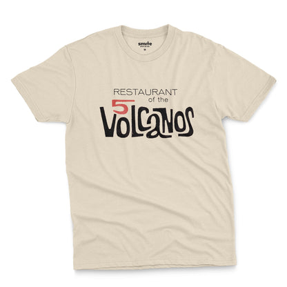 A beige t-shirt with a vintage logo for the 'Restaurant of the 5 Volcanos', the Hawaiian Pavlion's restaurant at the New York World's Fair, 1964.