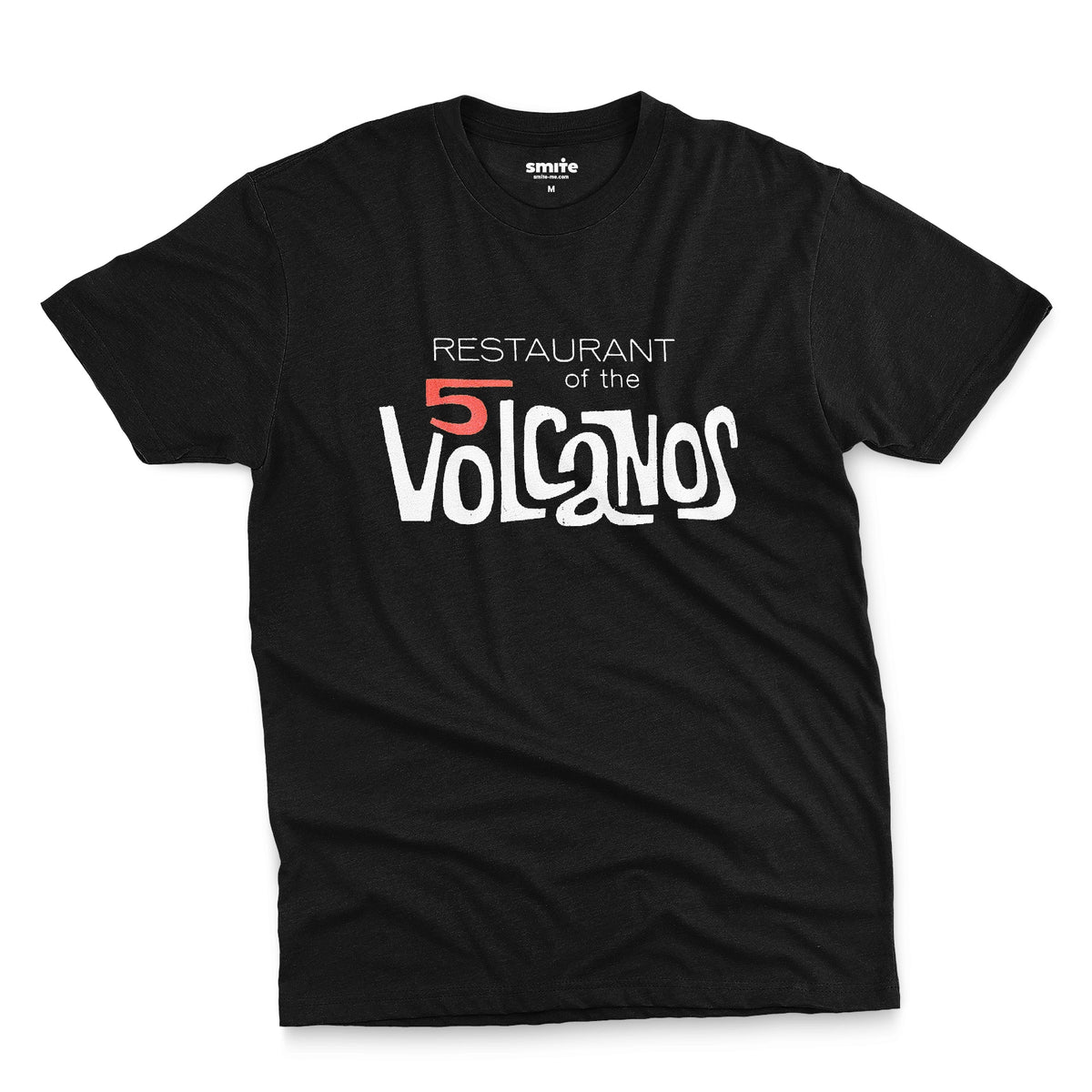 A black t-shirt with a vintage logo for the 'Restaurant of the 5 Volcanos', the Hawaiian Pavlion's restaurant at the New York World's Fair, 1964.