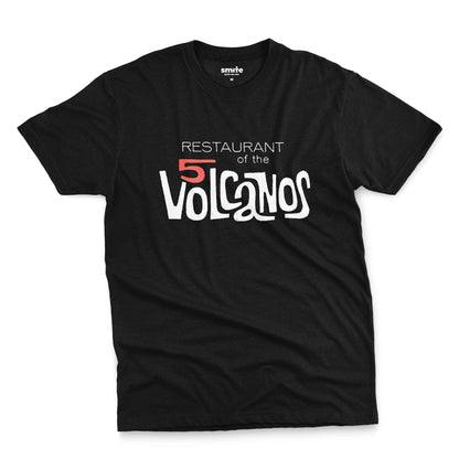 A black t-shirt with a vintage logo for the 'Restaurant of the 5 Volcanos', the Hawaiian Pavlion's restaurant at the New York World's Fair, 1964.