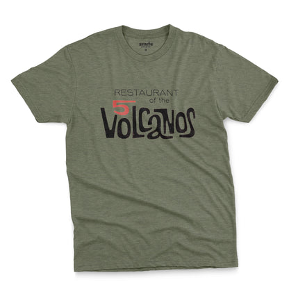 A green t-shirt with a vintage logo for the 'Restaurant of the 5 Volcanos', the Hawaiian Pavlion's restaurant at the New York World's Fair, 1964.