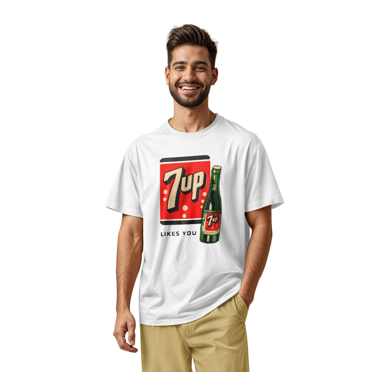 A white t-shirt featuring a retro advertisement for 7up with the text '7up LIKES YOU'.