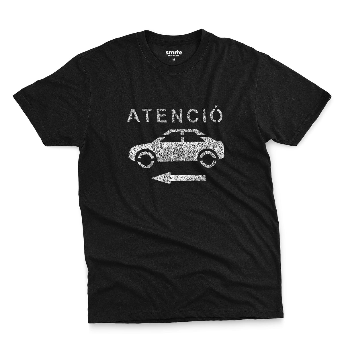 A black t-shirt with a retro white stencil graphic of a car and the Spanish word 'ATENCIÓ'.