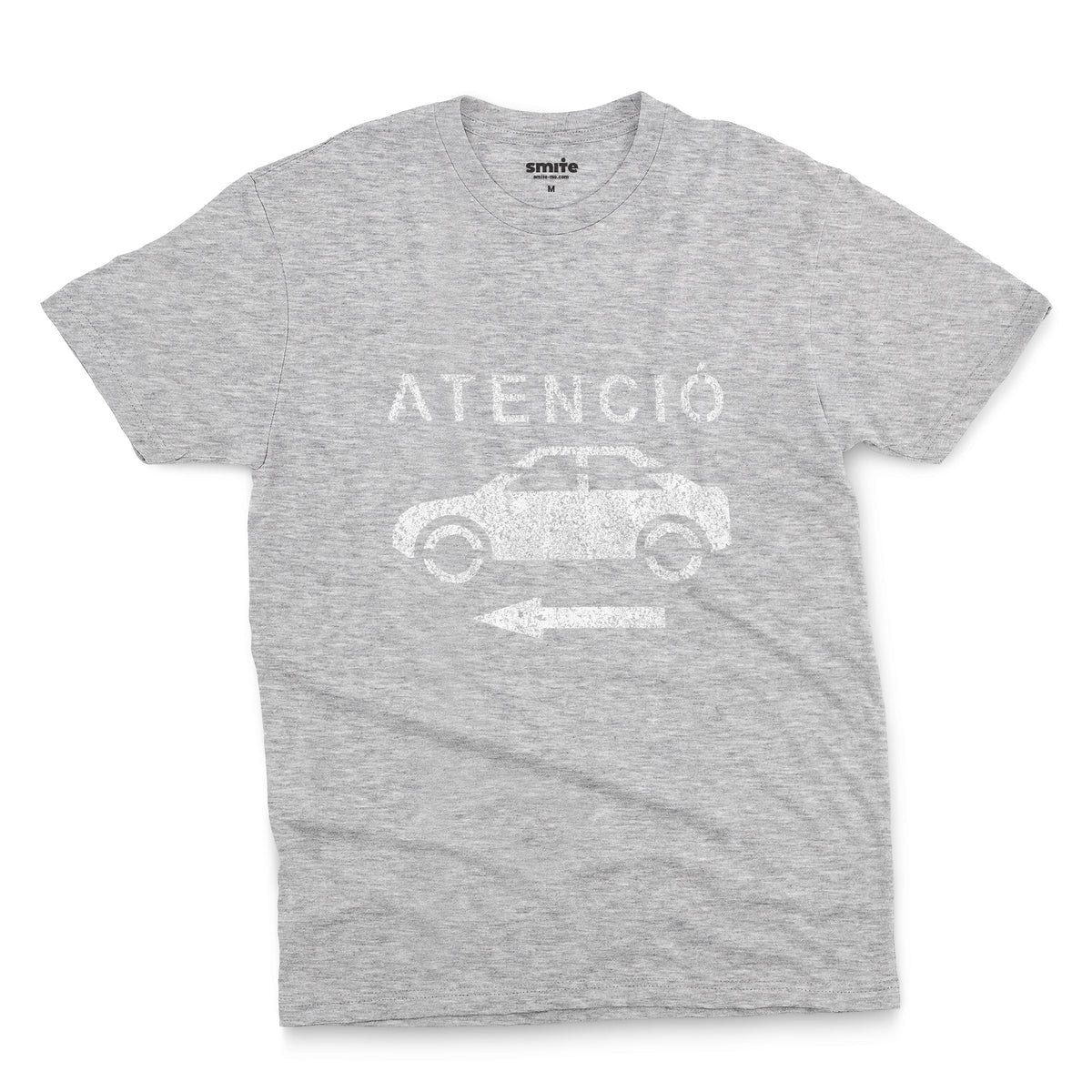 A grey marle t-shirt with a retro white stencil graphic of a car and the Spanish word 'ATENCIÓ'.