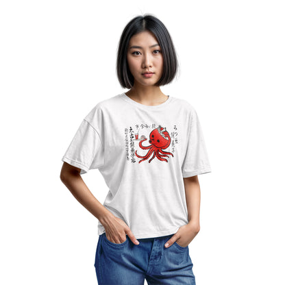 A white t-shirt with an advertisement for Mochi confectionery store featuring an octopus serving food and drink. From Japan in the 1950s.