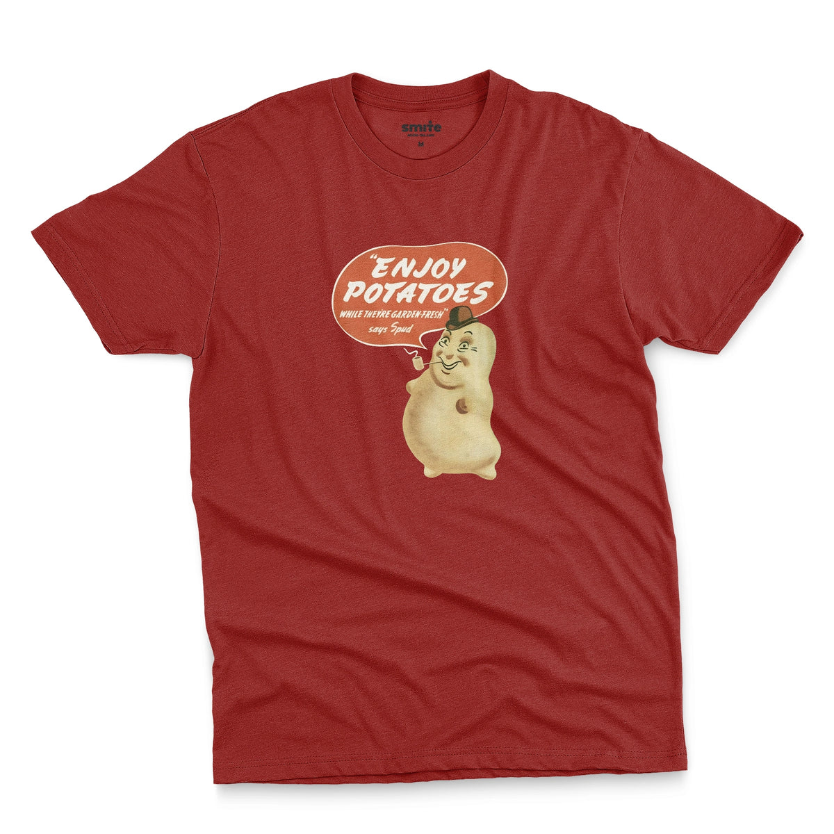 A red t-shirt with a vintage graphic of a smiling potato character and a speech bubble that reads 'ENJOY POTATOES'.