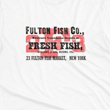 A white t-shirt with an advertisement for the 'FULTON FISH CO' in New York from the 1970s.